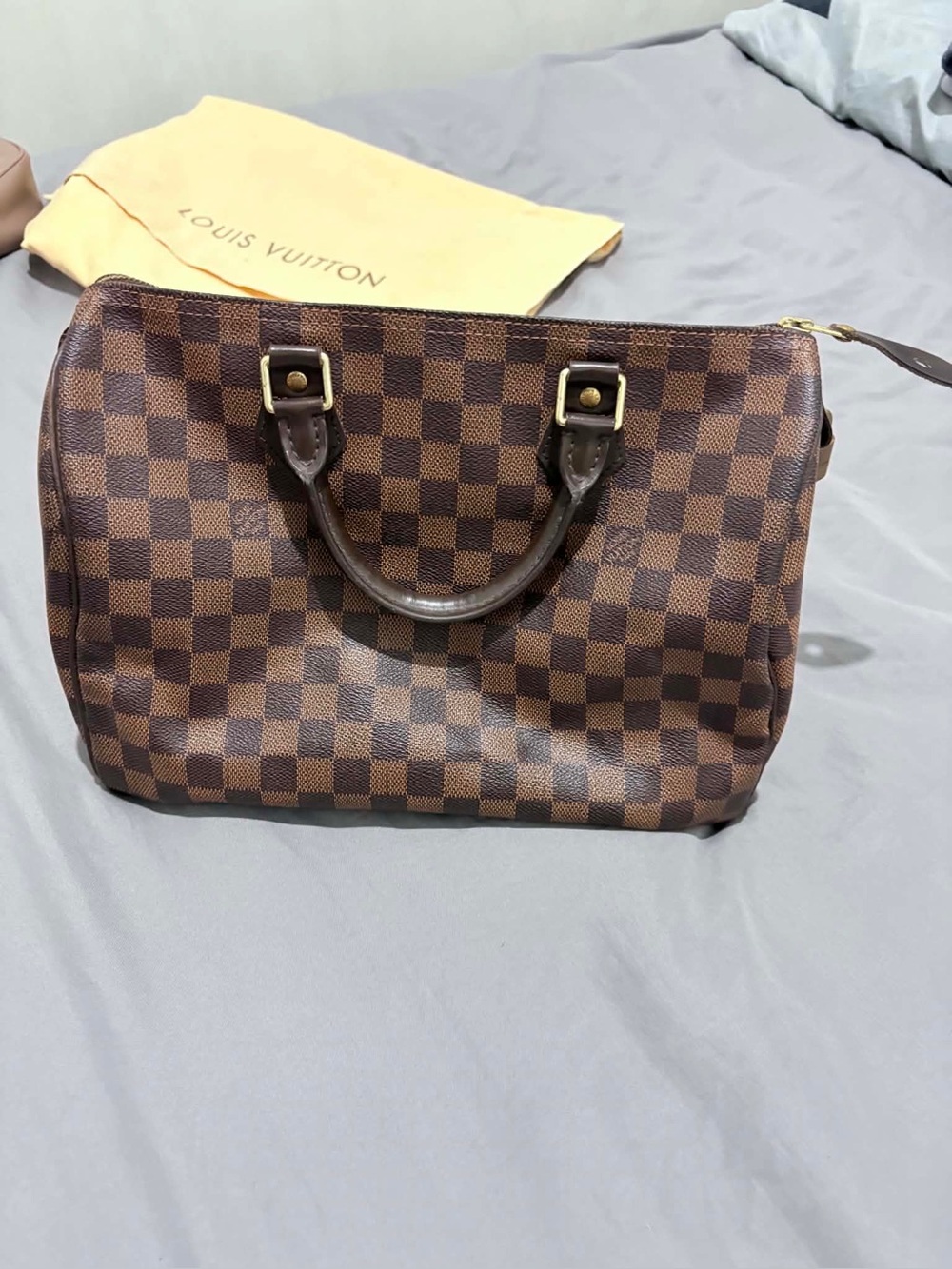 Louis Vuitton Brown Damier Ebene Satchel with Gold Hardware